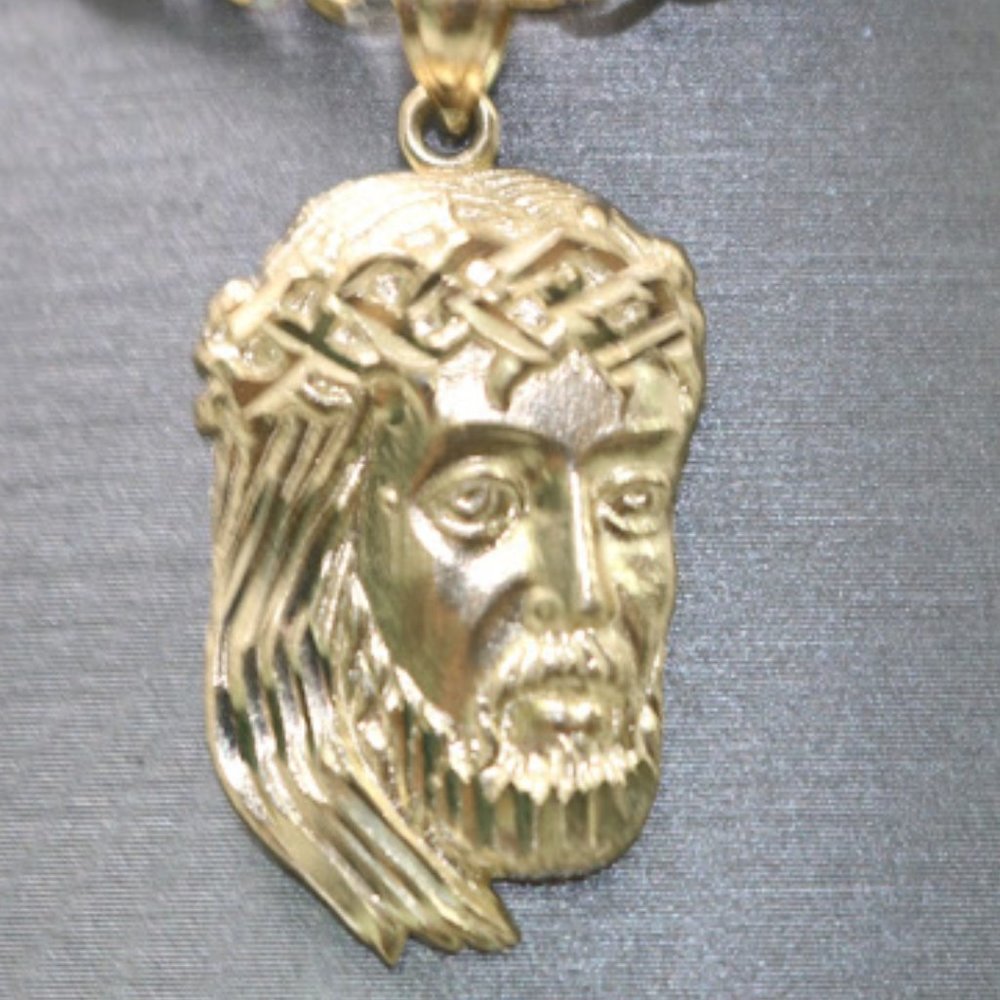 14kt Yellow Gold Jesus Head Pendant with 14kt Two-tone Hollow Curb Chain